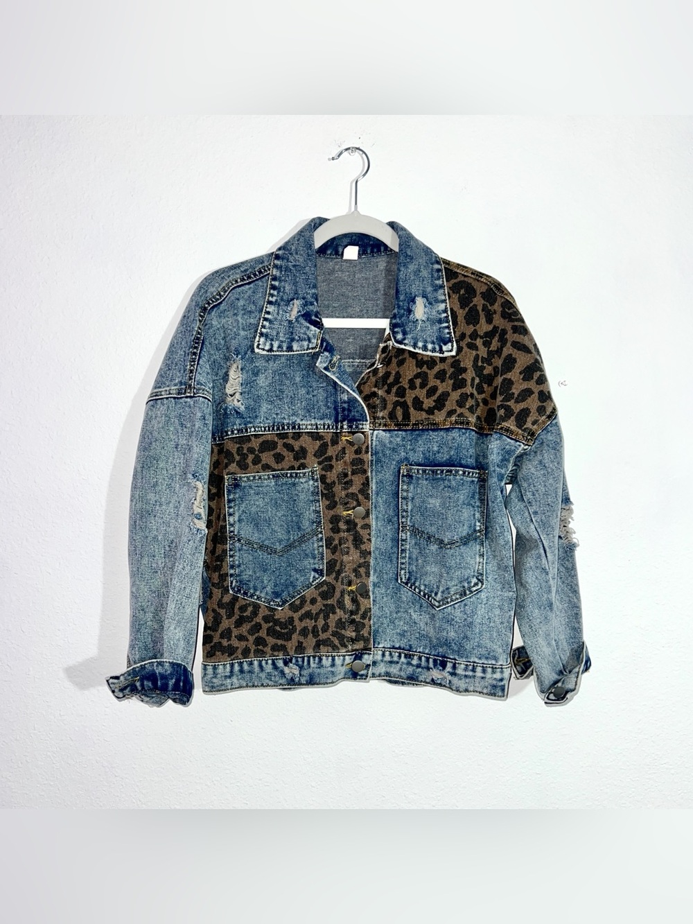 Leopard Print Patchwork Distressed Denim Jacket Small Acid Wash Trucker Oversize